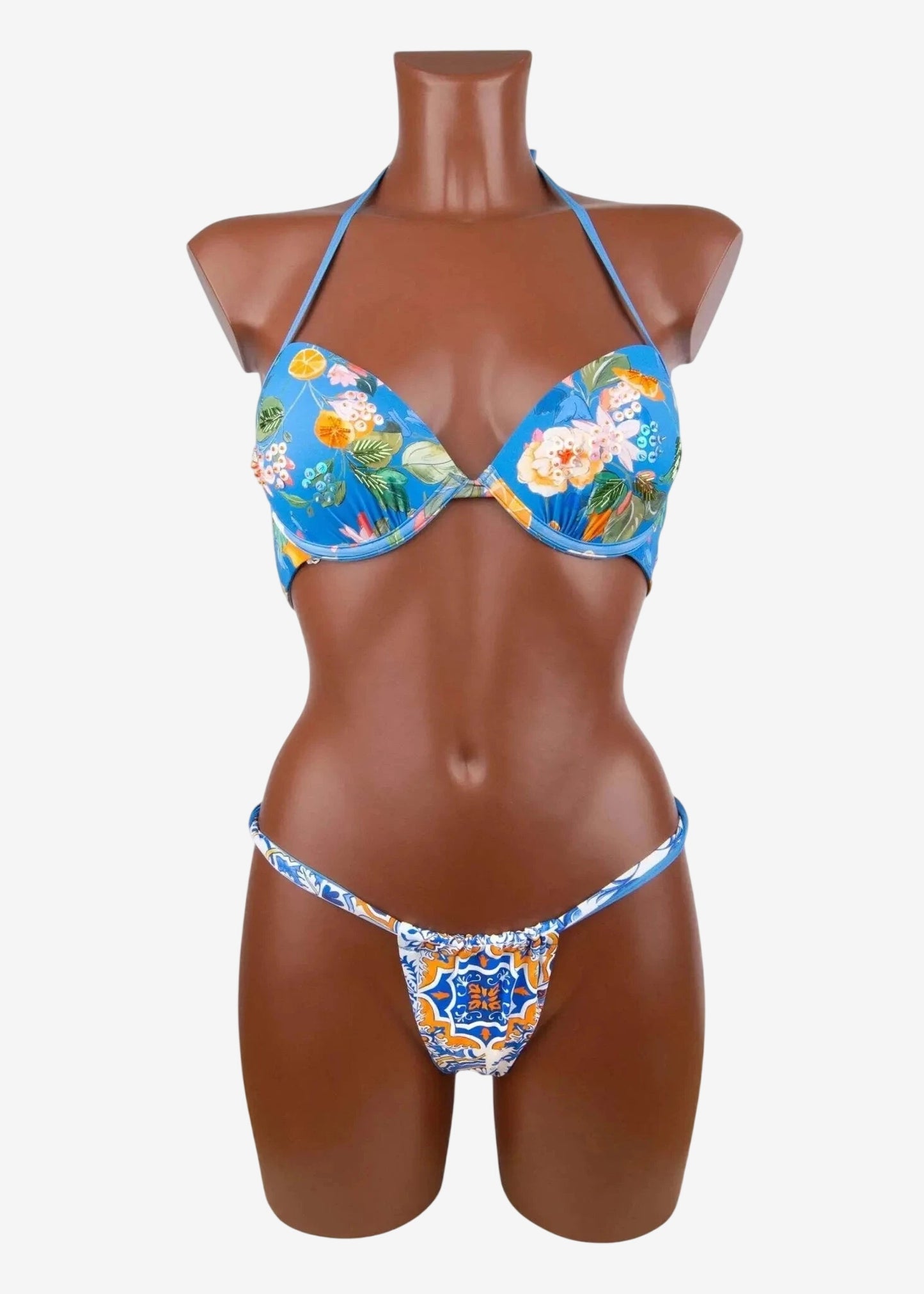 Bikini donna blu a fantasia floreale e geometrica, moda mare Soho, Made in Italy