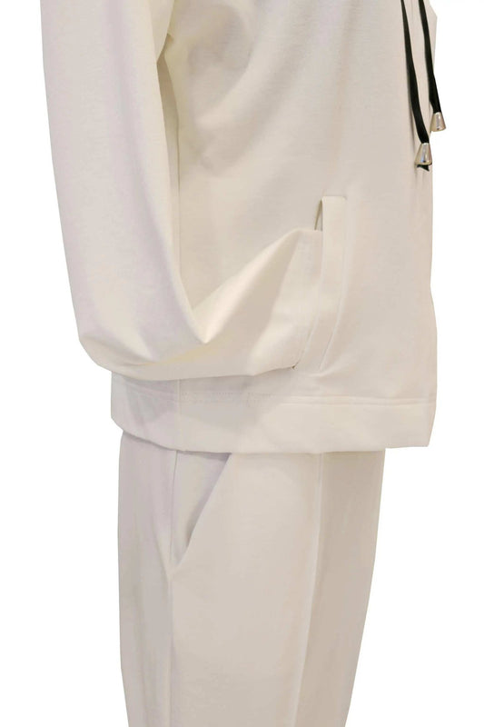 Tuta Confort ivory tracksuit with zip-up sweatshirt, satin drawstring hood, and straight-leg pants with front pocket