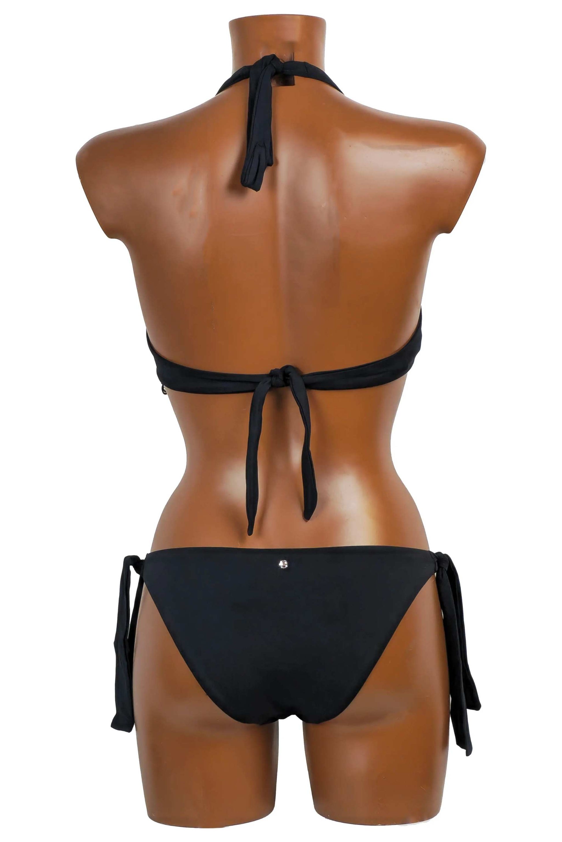 Black bikini ferretto with adjustable tie straps and macramé detailing, made in Italy