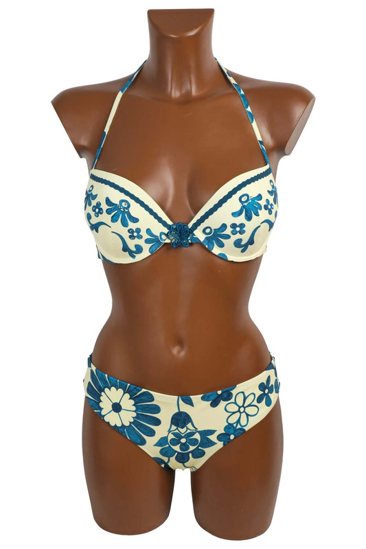 Bikini push up in lycra with blue floral pattern and removable padding on mannequin